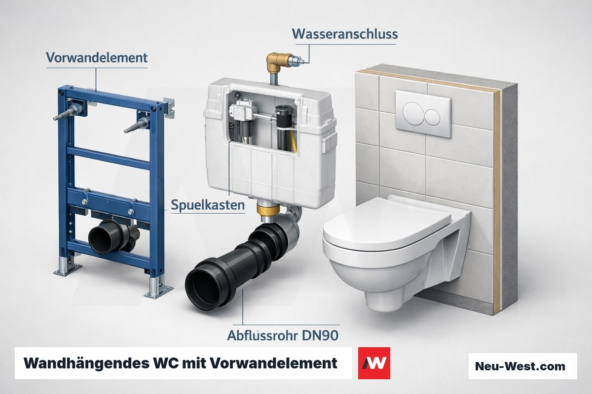 Querschnitt eines wandhängenden WC mit Vorwandelement, Spülkasten, Wasseranschluss und Abflussrohr als Beispiel für aufwendigere Montage.