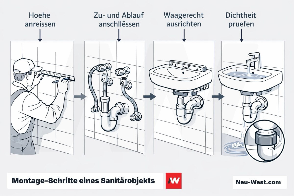 Prozess-Sequenz der fachgerechten Sanitärmontage: Höhe anreißen, Anschluss an Zu- und Ablauf, waagerechtes Ausrichten und Dichtheitsprüfung.