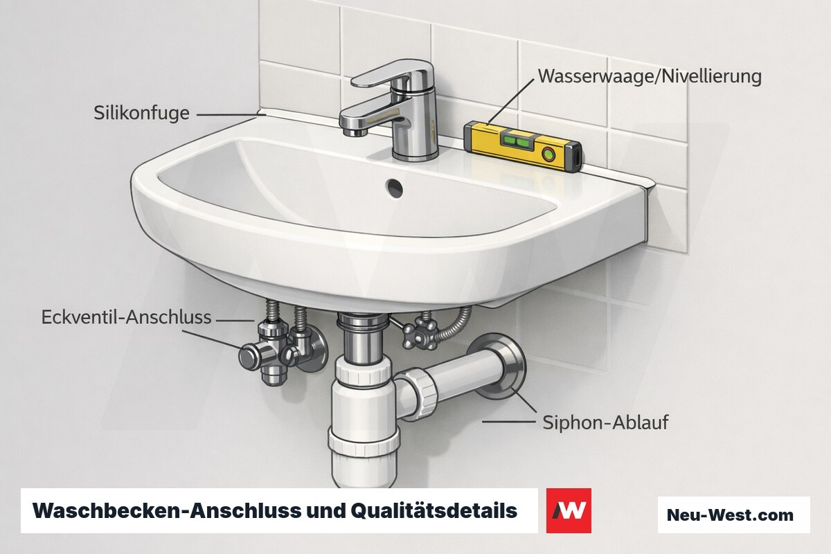 Detailillustration eines Waschbecken-Anschlusses mit Eckventilen, Siphon, versiegelter Silikonfuge und Wasserwaage zur Nivellierung.