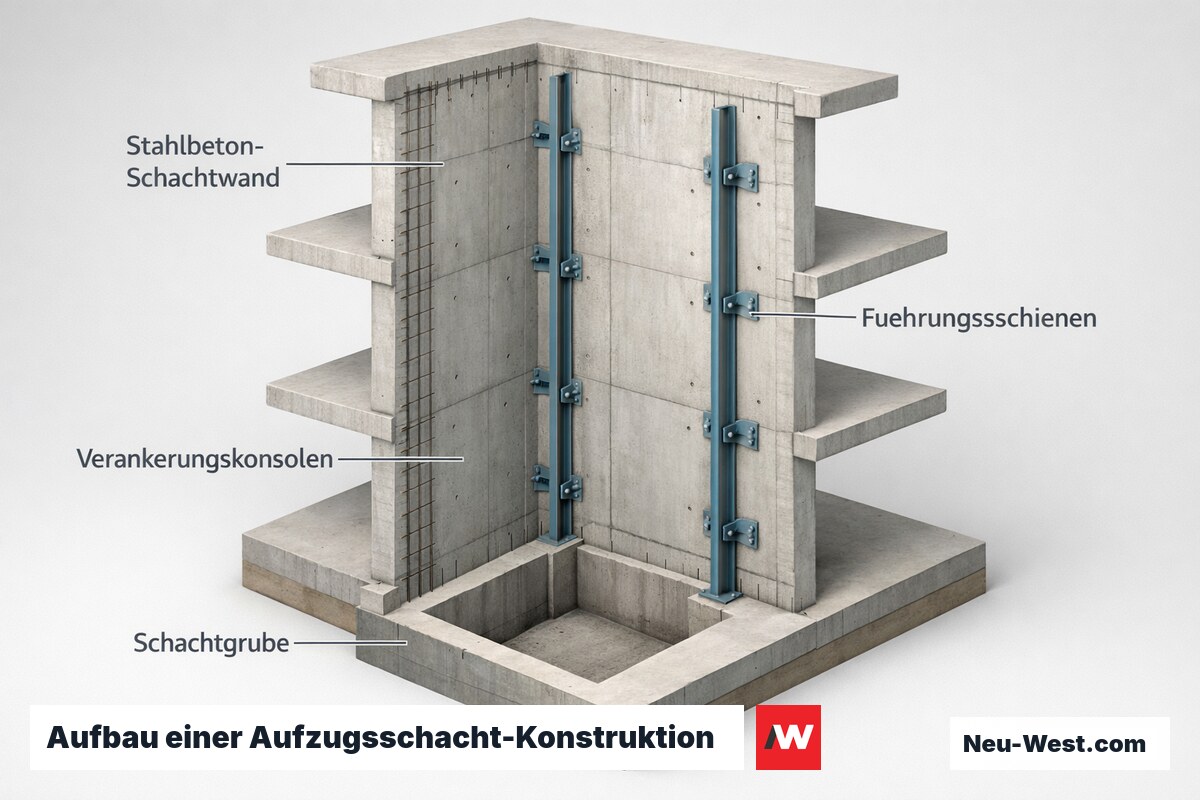 Querschnitt eines Stahlbeton-Aufzugsschachts im Rohbau mit Führungsschienen, Verankerungskonsolen und Schachtgrube.