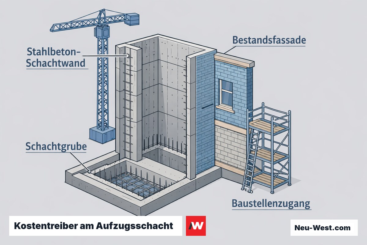 Querschnitt eines Aufzugsschachts mit Stahlbetonwand, Schachtgrube, Bestandsfassade und Baustellenzugang als Kostenfaktoren.