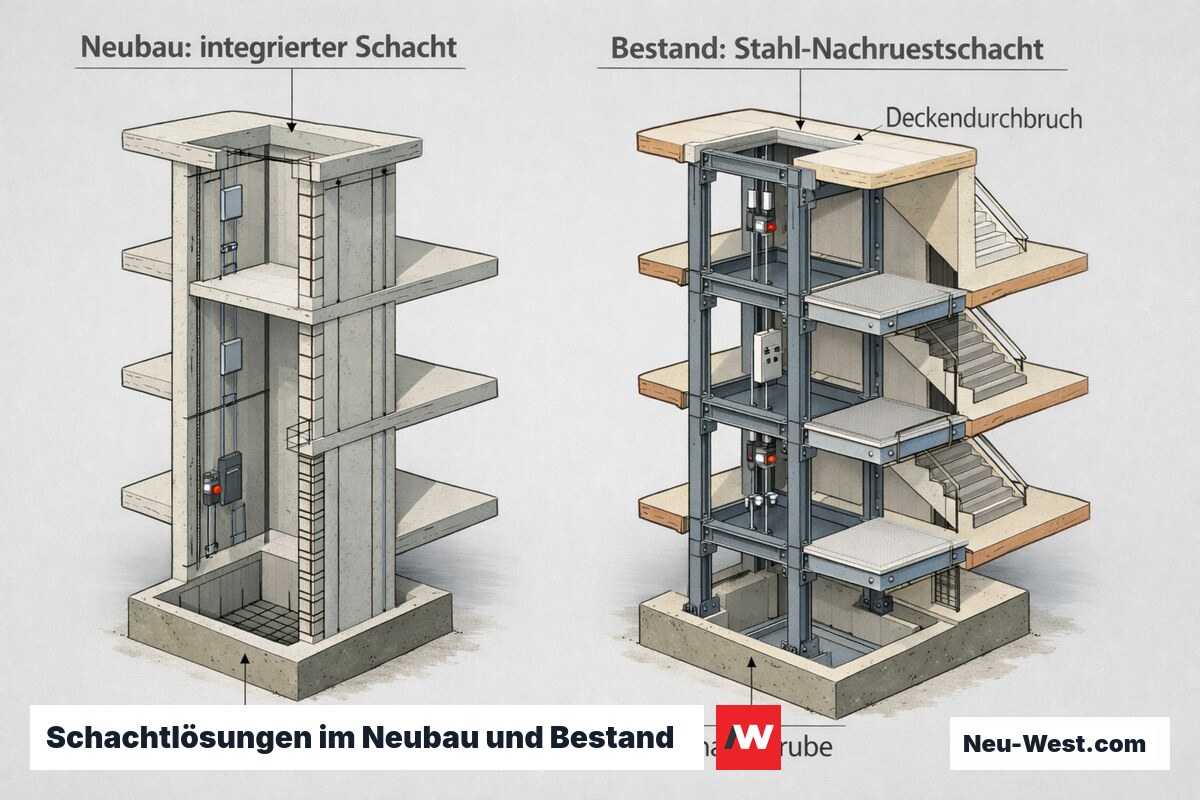 Vergleichsdiagramm: integrierter Betonschacht im Neubau gegenüber nachträglichem Stahlschacht im Bestandsgebäude mit Deckendurchbruch und Schachtgrube.