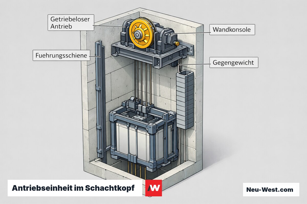 Isometrischer Cutaway der getriebelosen Aufzugs-Antriebseinheit im Schachtkopf mit Führungsschienen, Gegengewicht und Wandkonsole als Qualitätsmerkmale.
