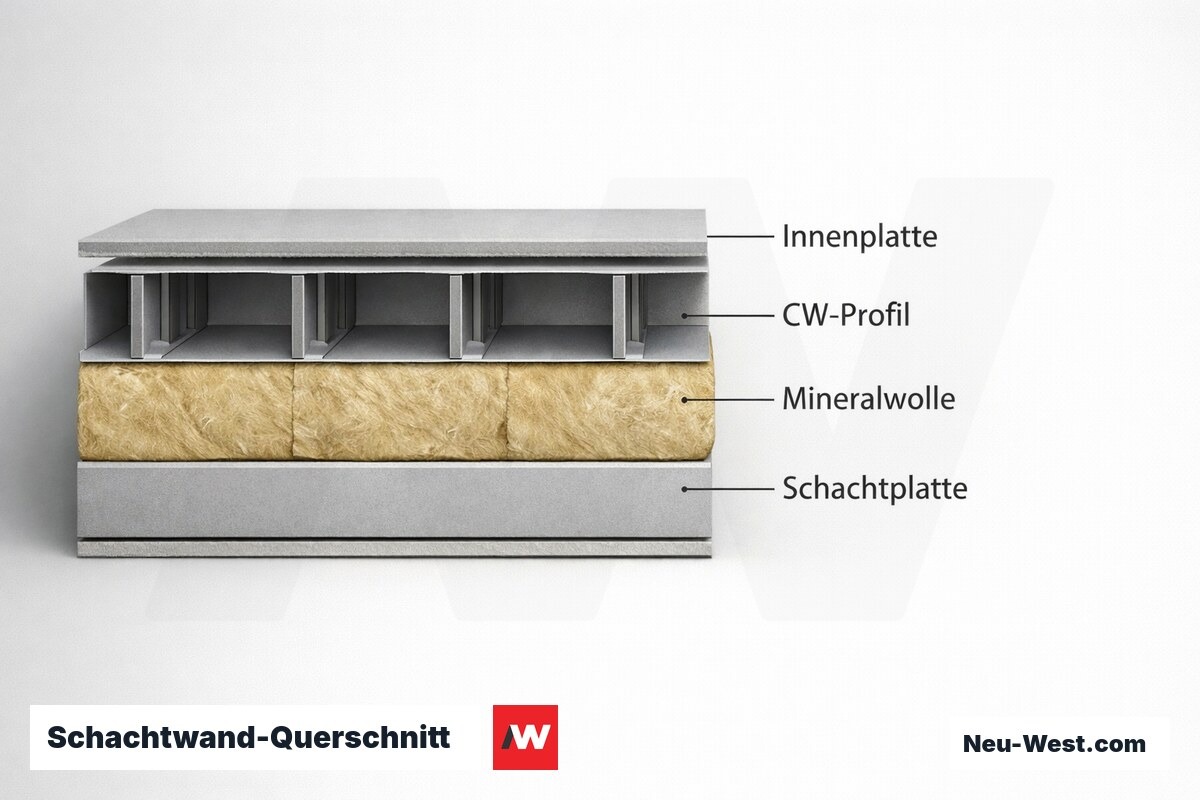Schachtwand-Querschnitt: Schichtaufbau und Materialfolge – Erklär-Grafik (NEUWEST Berlin)