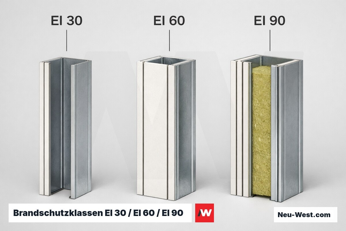 Brandschutzklassen EI 30 / EI 60 / EI 90 nach EN 13501-2 – Erklär-Grafik (NEUWEST Berlin)