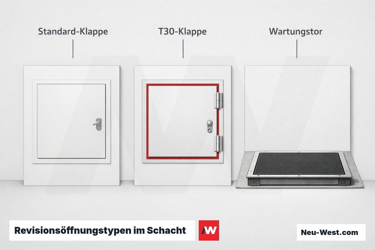 Revisionsöffnungstypen im Schacht: Zulassung und Einbautiefe – Erklär-Grafik (NEUWEST Berlin)