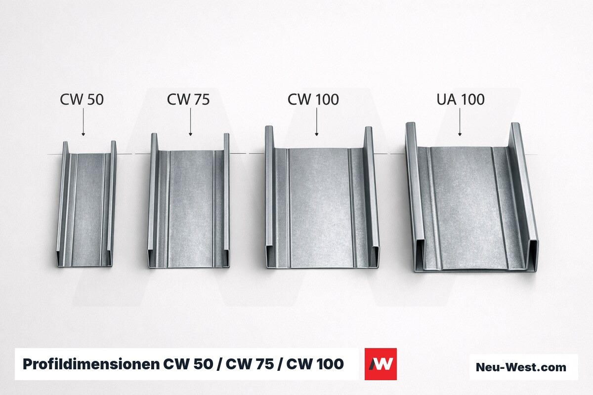 Profildimensionen CW 50 / CW 75 / CW 100 / UA 100 im Vergleich – Erklär-Grafik (NEUWEST Berlin)