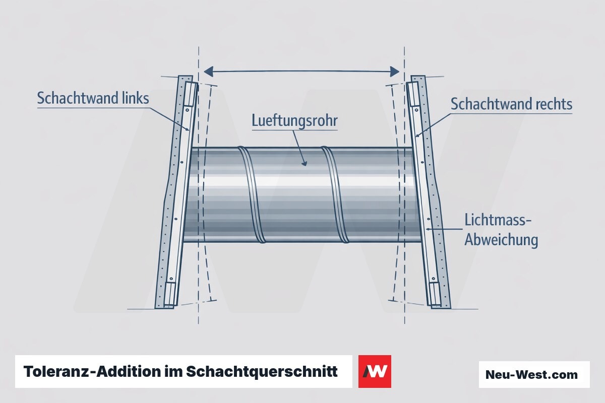 Querschnitt durch einen Schacht: zwei gegenüberliegende Trockenbauwände mit addierten Lot- und Ebenheitsabweichungen verengen das Lichtmaß um das Lüftungsrohr.