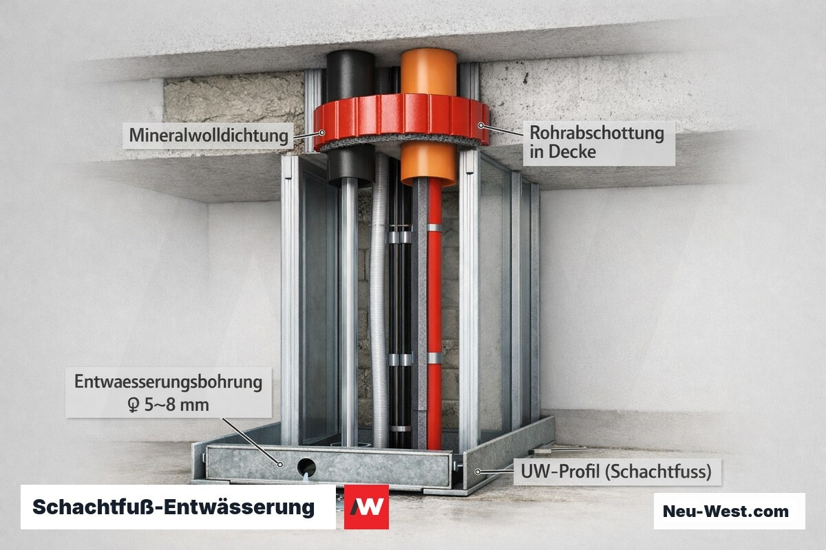 Querschnitt eines Installationsschachts: Entwässerungsbohrung im UW-Profil am Schachtfuß und systemzugelassene Rohrabschottung neben Mineralwolldichtung im Deckendurchbruch.