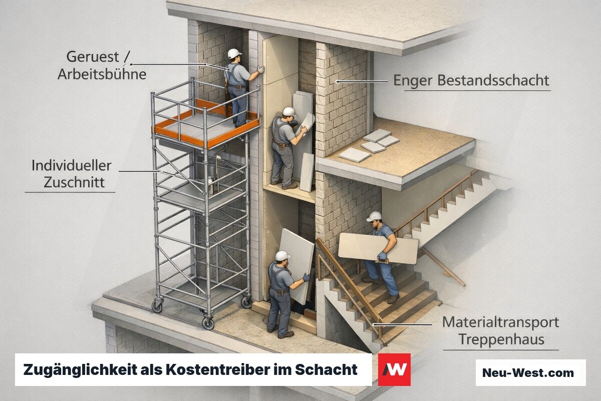 Gebäudequerschnitt zeigt engen Bestandsschacht, Zuschnitt mit Verschnitt, Gerüst über 4 m und Materialtransport durch schmales Treppenhaus.