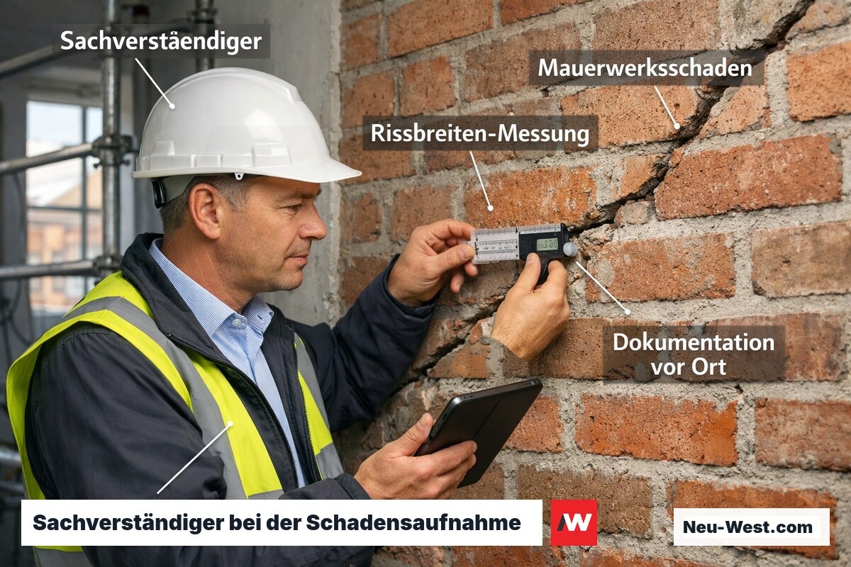 Bausachverständiger misst Riss im Mauerwerk mit Risslehre und dokumentiert Befund digital vor Ort