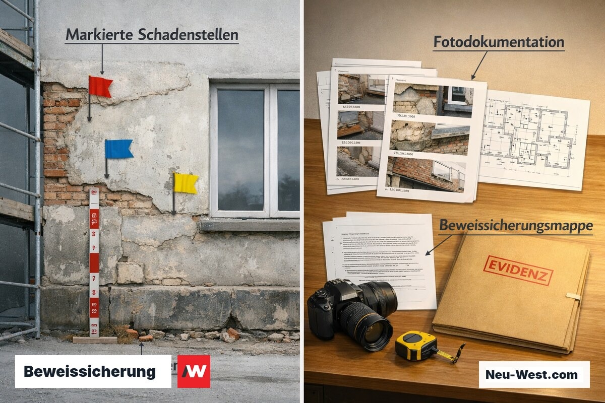 Zweigeteilte Darstellung zeigt markierte Bauschadensstellen am Gebäude und zugehörige strukturierte Beweisdokumentationsmappe