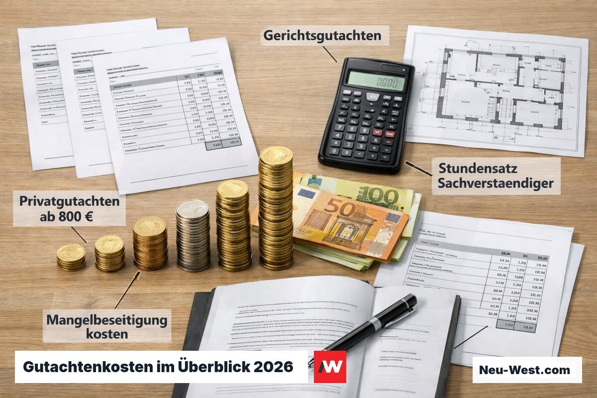Draufsicht auf Kostenkalkulation für Baugutachten mit gestaffelten Rechnungen, Eurobeträgen und Grundrissplan auf Schreibtisch