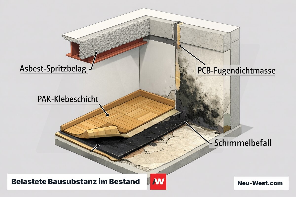 Querschnitt eines Bestandsgebaeudes mit Asbest, PAK-Klebeschicht, PCB-Fugenmasse und Schimmelbefall als Schadstoffquellen.