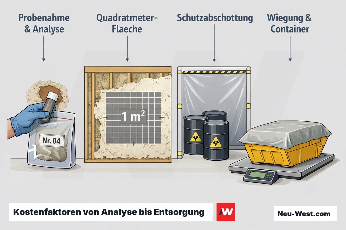 Querschnitt-Diagramm mit drei Zonen: Probenahme, Ausbau pro Quadratmeter und Entsorgung per Wiegung und Container als Kostenfaktoren.
