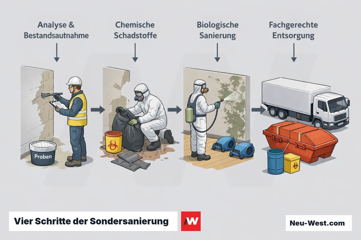 Prozess-Sequenz der Schadstoffsanierung in vier Schritten: Analyse, chemische Schadstoffe, biologische Sanierung und fachgerechte Entsorgung.