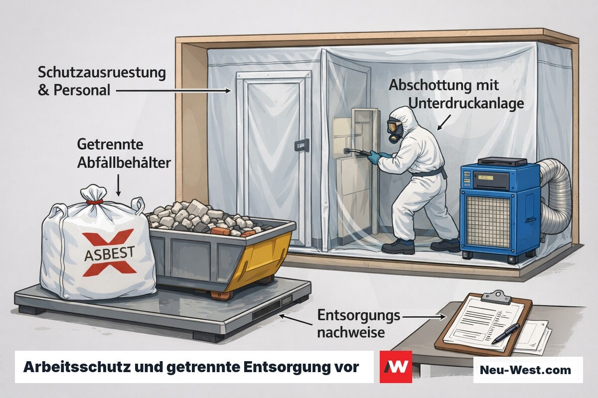 Querschnitt einer Schadstoffsanierung: geschuetztes Personal in Abschottung mit Unterdruckanlage, getrennte Abfallbehaelter auf Waage und Entsorgungsnachweise.
