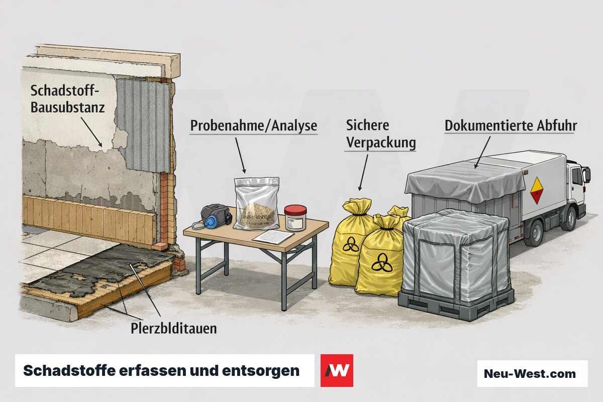 Querschnitt eines Altbaus beim Rückbau: freigelegte Schadstoffe, Probenahme, sichere Verpackung und dokumentierte Abfuhr per Container und Entsorgungsfahrzeug.