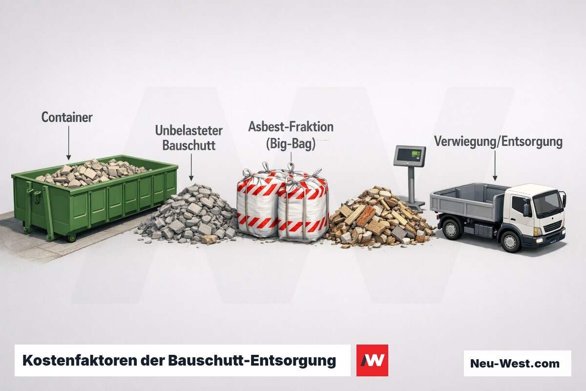 Illustration zeigt Container, getrennte Bauschutt- und Asbest-Fraktionen sowie Verwiegung als Kostenfaktoren der Entsorgung.