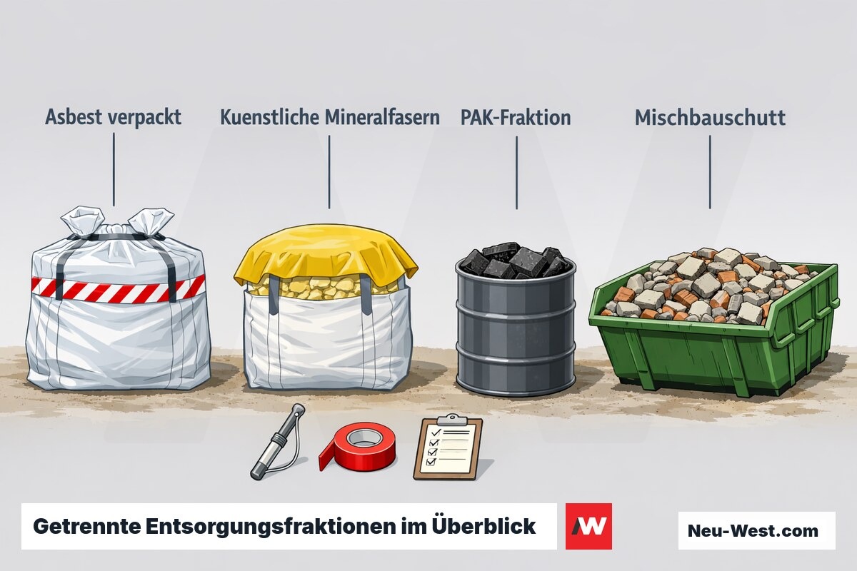 Illustrierte Reihe getrennter Entsorgungsstationen für Asbest, Mineralfasern, PAK-Material und Mischbauschutt mit Probenahme und Dokumentation.