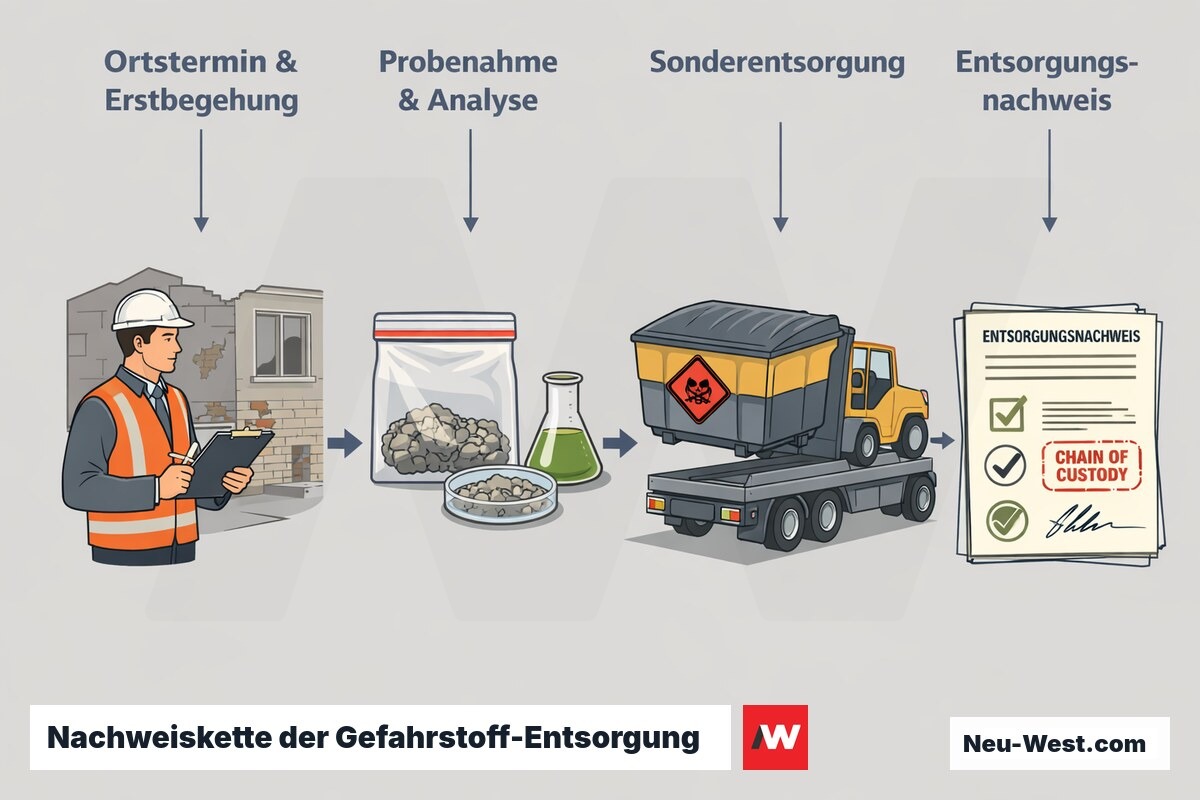 Prozesskette von Erstbegehung über Analyse und Sonderentsorgung bis zum lückenlosen Entsorgungsnachweis bei Asbest und Gefahrstoffen.