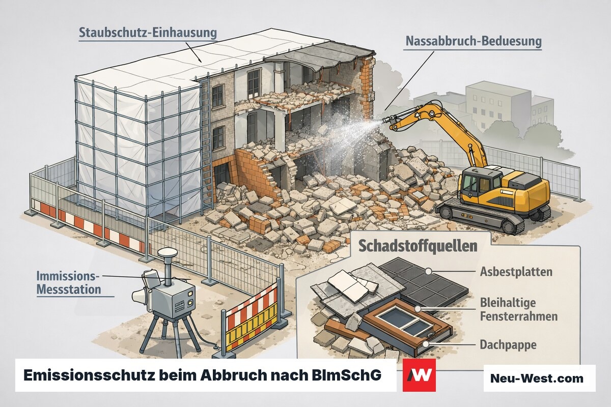 Cutaway einer Abbruchstelle mit Staubschutz-Einhausung, Nassabbruch-Bedüsung, Immissions-Messstation und markierten Schadstoffquellen wie Asbest und Altfarben.