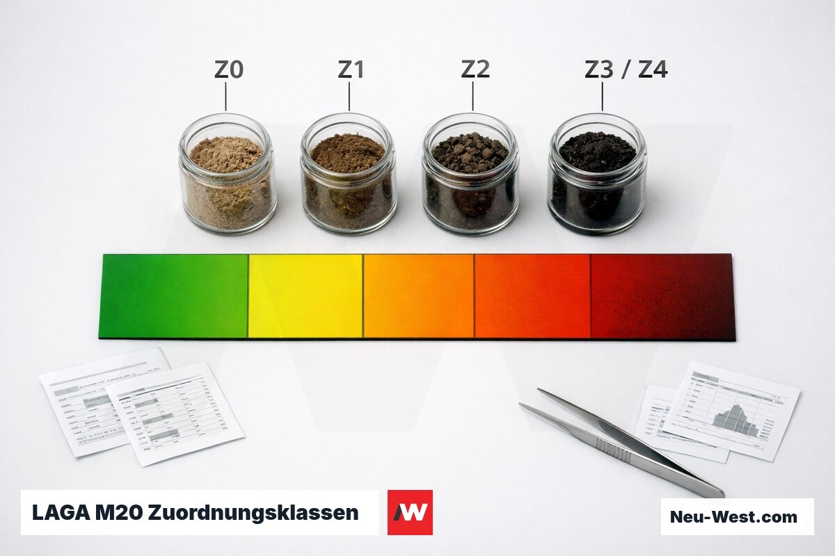 LAGA M20 Zuordnungsklassen: Verwertung vs. Deponie – Erklär-Grafik (NEUWEST Berlin)