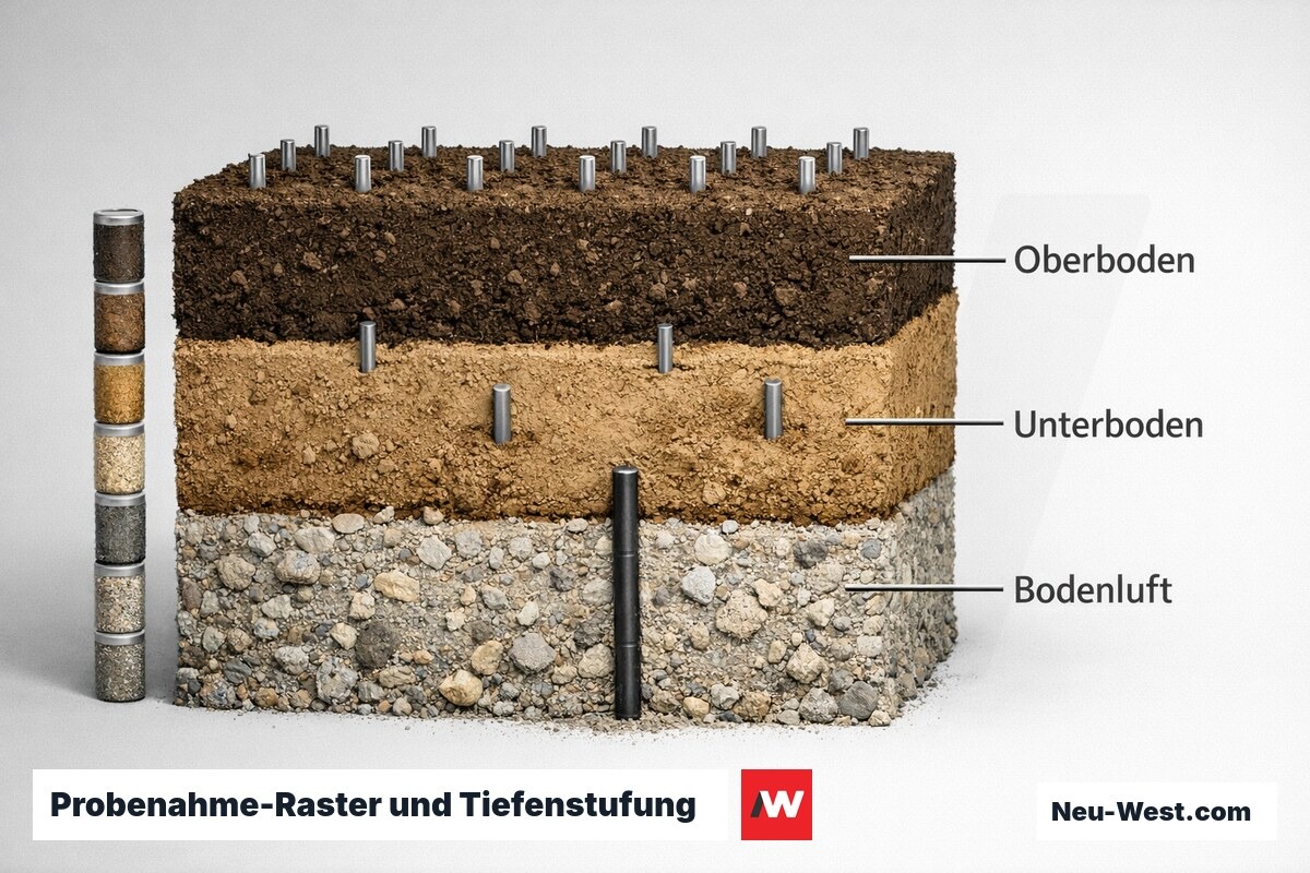 Probenahme-Raster und Tiefenstufung bei Bodenuntersuchungen – Erklär-Grafik (NEUWEST Berlin)