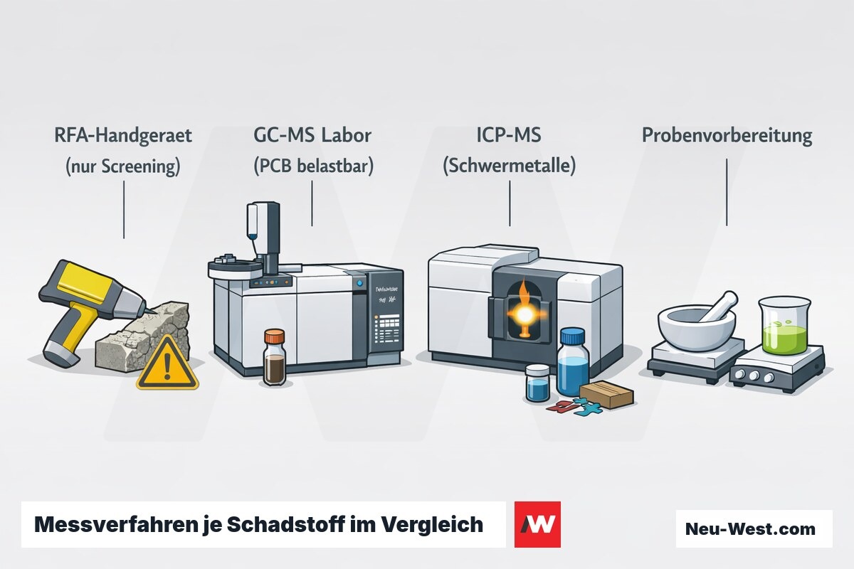 Erklär-Grafik: RFA-Handscreening, GC-MS-Labor für PCB und ICP-MS für Schwermetalle als getrennte Analyseverfahren im Vergleich.