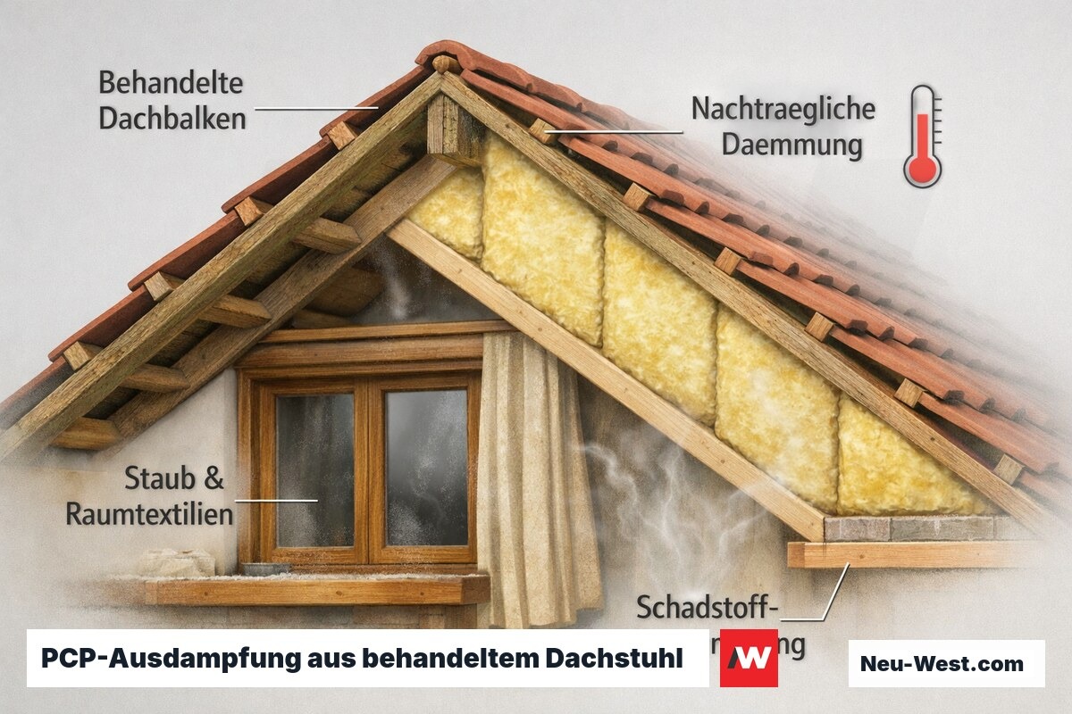 Querschnitt eines Dachstuhls mit behandelten Balken, Dämmung und aufsteigender PCP-Dampfbelastung in Staub und Raumtextilien.