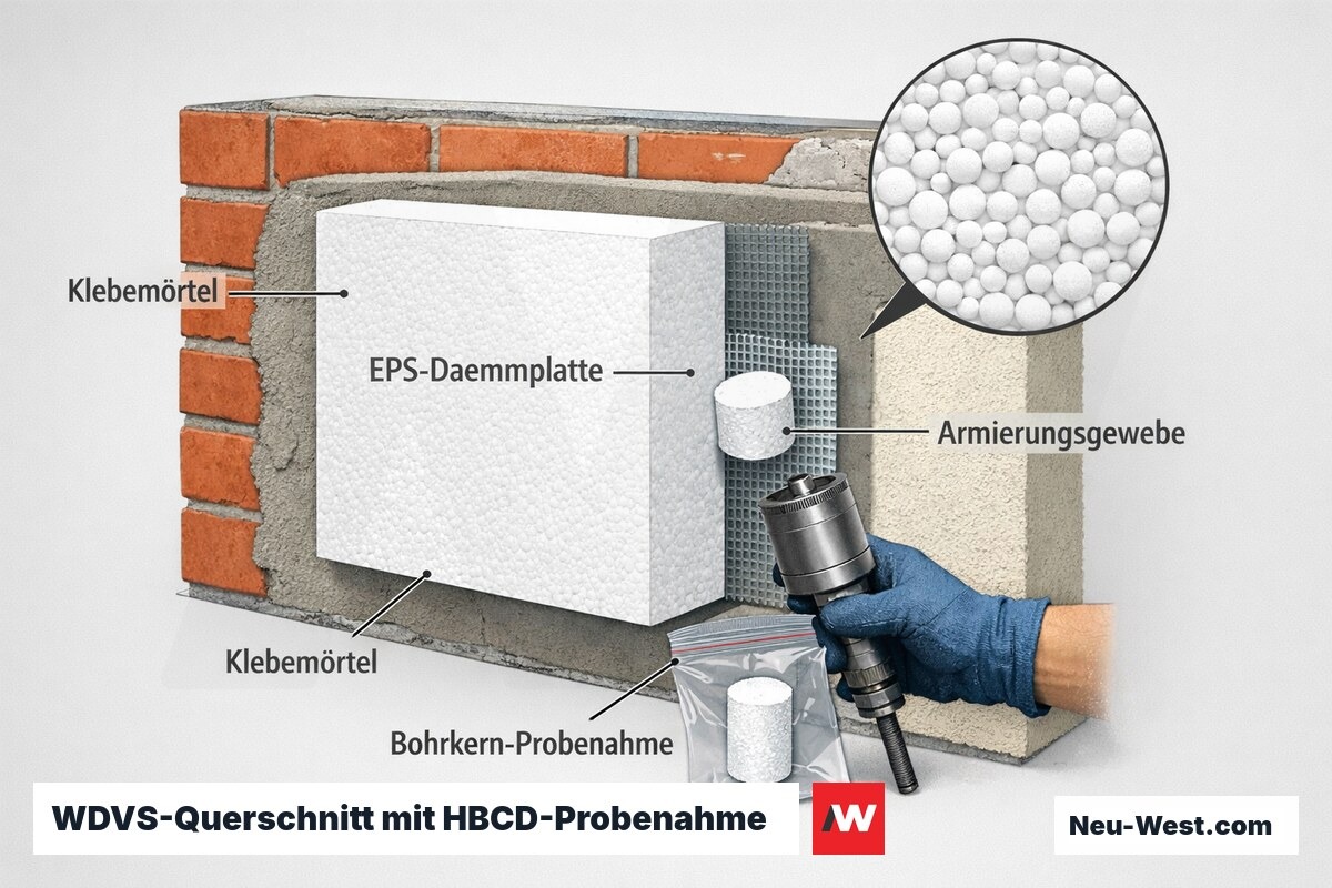Querschnitt eines WDVS mit EPS-Dämmung, Bohrkern-Probenahme für HBCD-Laboranalyse an der Fassade.