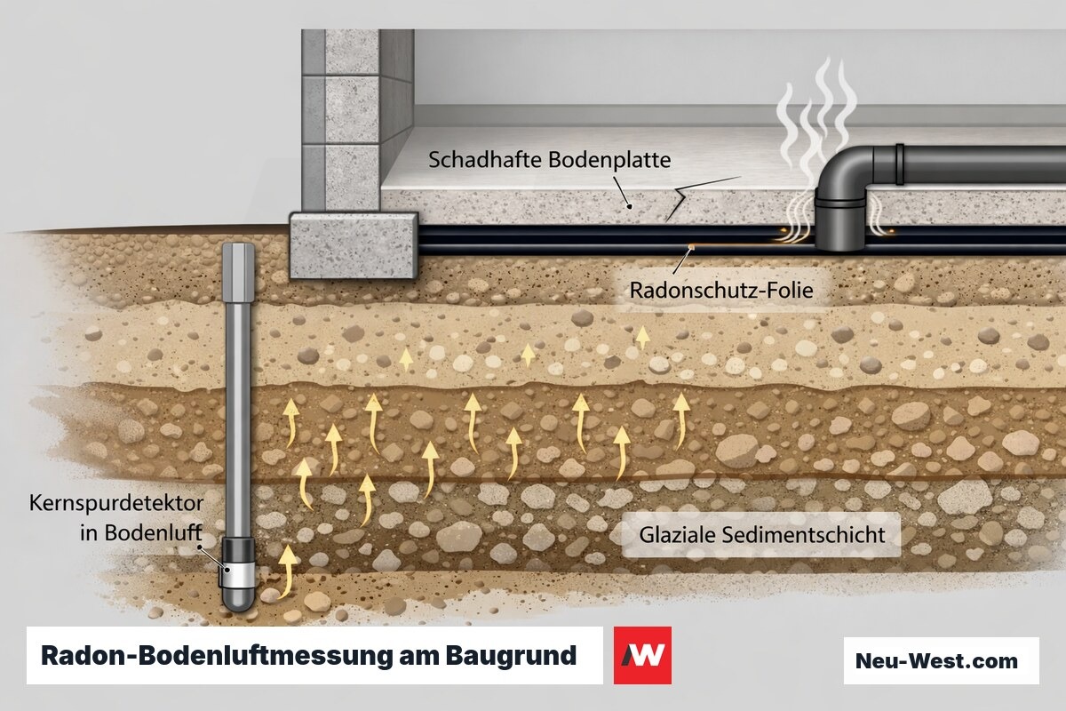 Querschnitt: Radon steigt aus glazialer Sedimentschicht auf, Kernspurdetektor misst Bodenluft neben Kellerbodenplatte mit Riss und Leitungsdurchfuehrung.