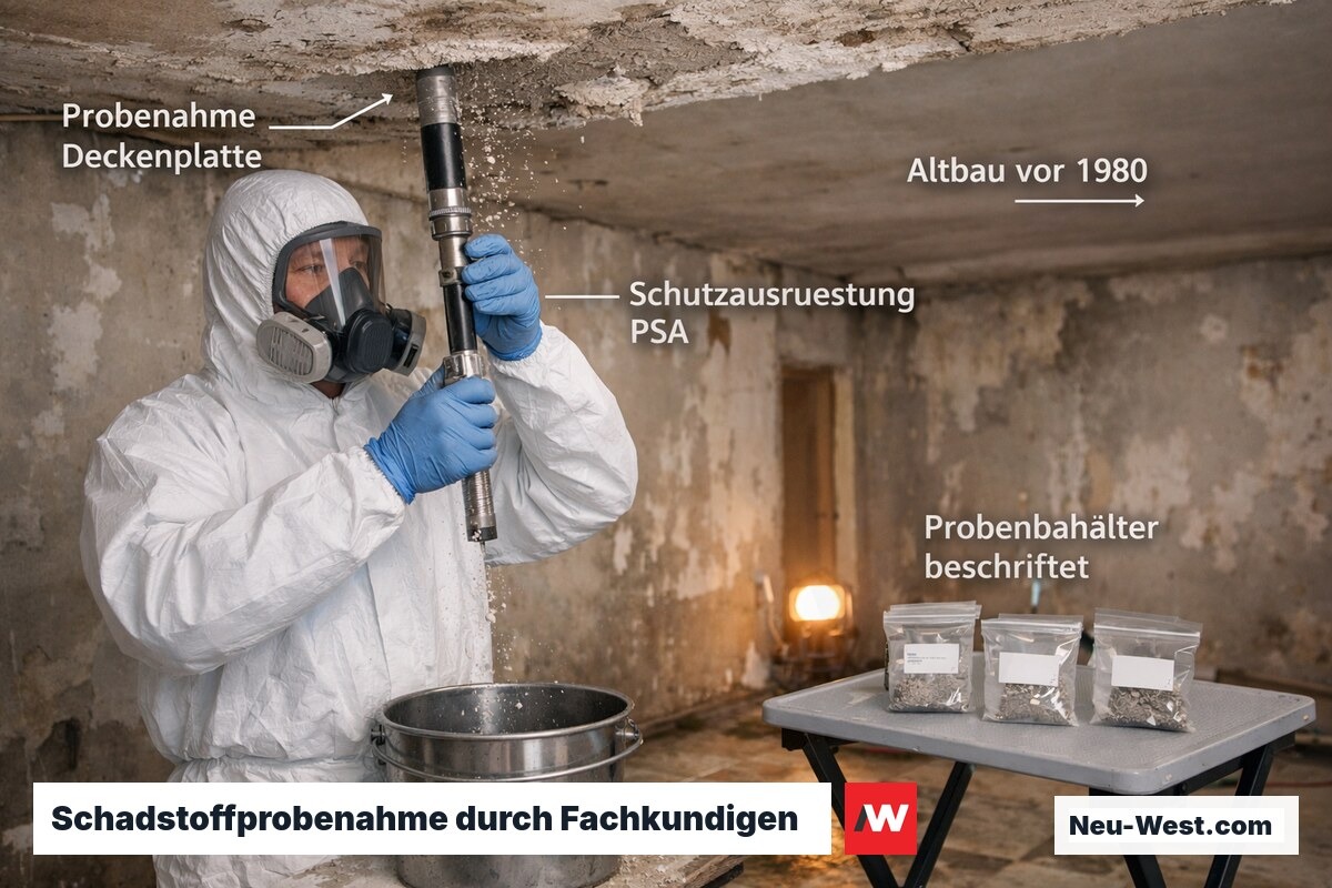 Gutachter in Schutzanzug entnimmt Materialprobe aus Deckenplatte eines Altbaus für das Schadstoffkataster