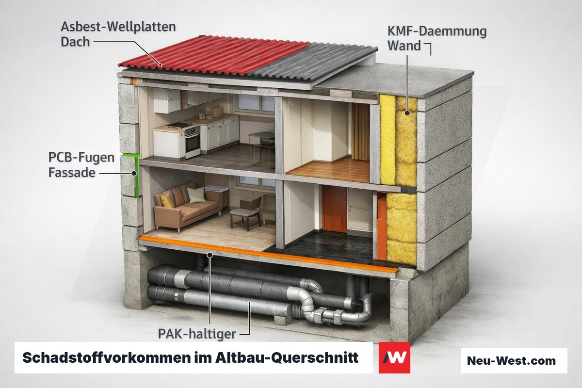 Architektonischer Querschnitt eines Plattenbaus zeigt typische Schadstofflagen: Asbest, KMF, PAK und PCB an verschiedenen Bauteilen