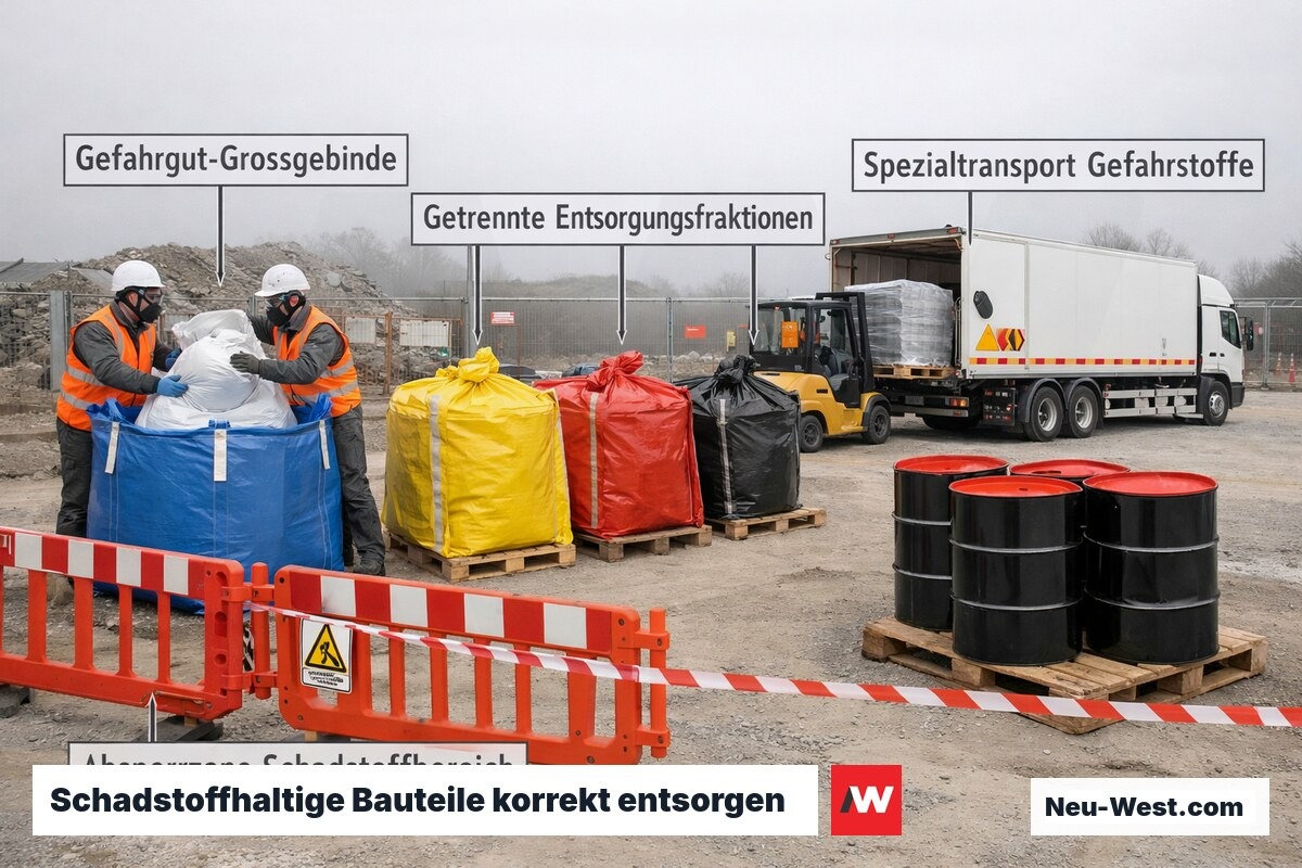 Bauarbeiter in Schutzausrüstung trennen schadstoffhaltige Abbruchmaterialien in gekennzeichnete Entsorgungsbehälter auf Abbruchbaustelle