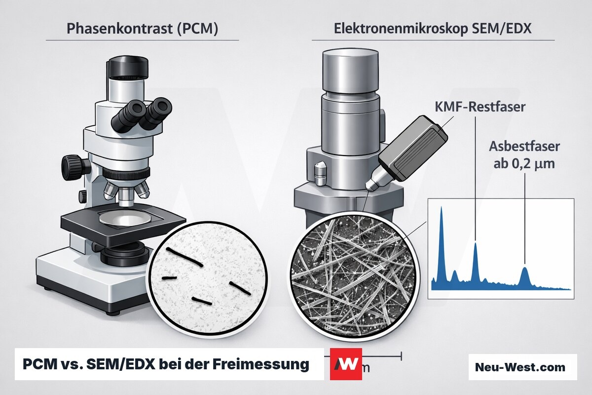 Vergleichsgrafik: Phasenkontrastmikroskopie erfasst nur grobe Fasern, SEM/EDX unterscheidet feine KMF- und Asbestfasern chemisch.
