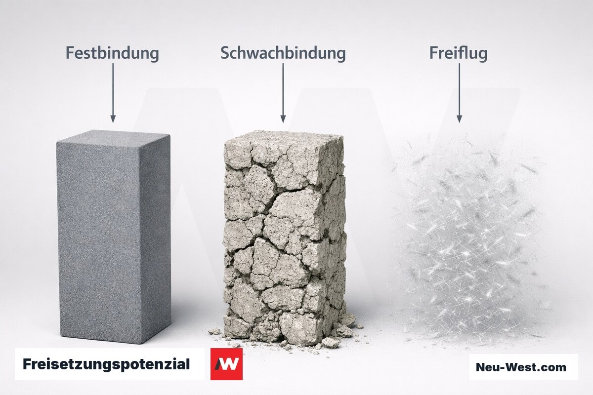 Techniker in Schutzkleidung entnimmt alte KMF-Mineralwolle aus einer abgeschotteten Wandkonstruktion mit sichtbarer Faserfreisetzung.