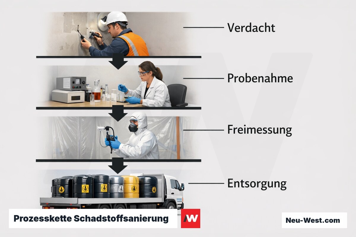 Techniker nimmt Luftprobe an gerissener PCB-haltiger Fugenmasse zwischen Beton-Fertigteilelementen einer Plattenbau-Fassade.