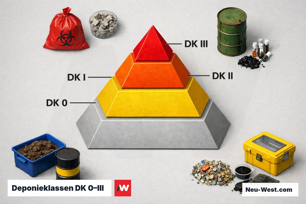 Deponieklassen DK 0–III nach Deponieverordnung: Zuordnungswerte und Kostenkorridore – Erklär-Grafik (NEUWEST Berlin)