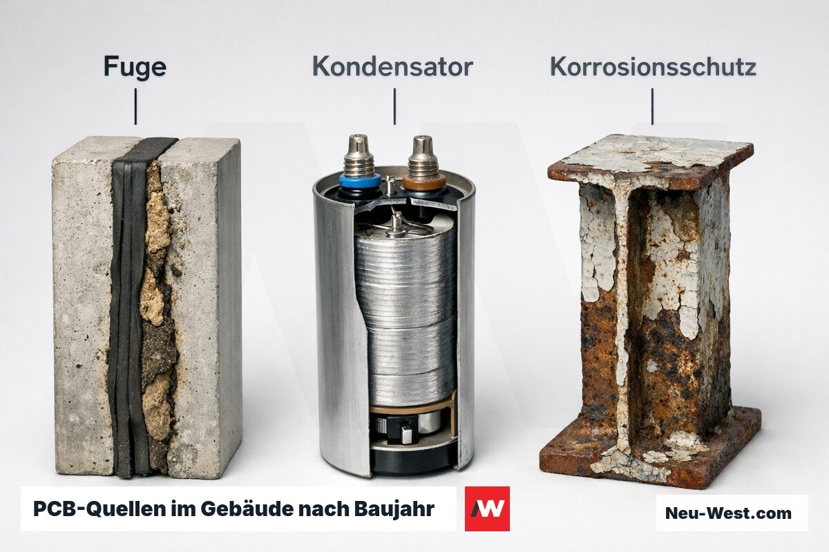 PCB-Quellen im Gebäude nach Baujahr: Prüfpflichten und Konzentrationskorridore – Erklär-Grafik (NEUWEST Berlin)