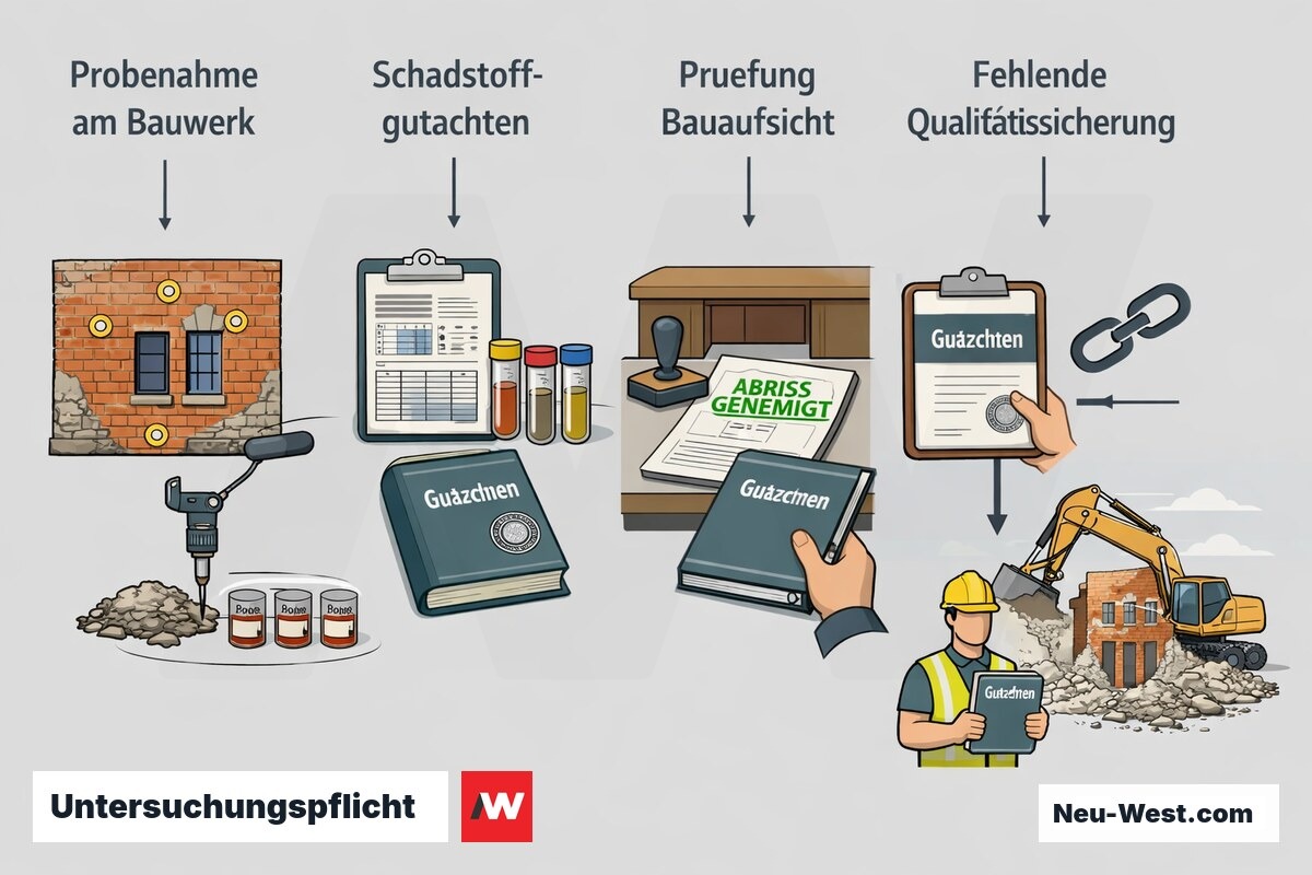 Prozessgrafik: Probenahme, Schadstoffgutachten, Prüfung durch Bauaufsicht und sichere Abbruchausführung als rechtliche Nachweiskette des Bauherrn vor dem Abriss.