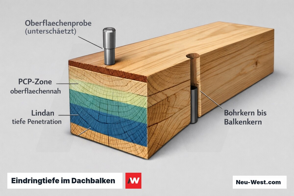Querschnitt eines Dachstuhlbalkens: Oberflächenprobe versus tiefe Lindan-Penetration und PCP-Zone, mit Bohrkernentnahme bis zum Balkenkern.