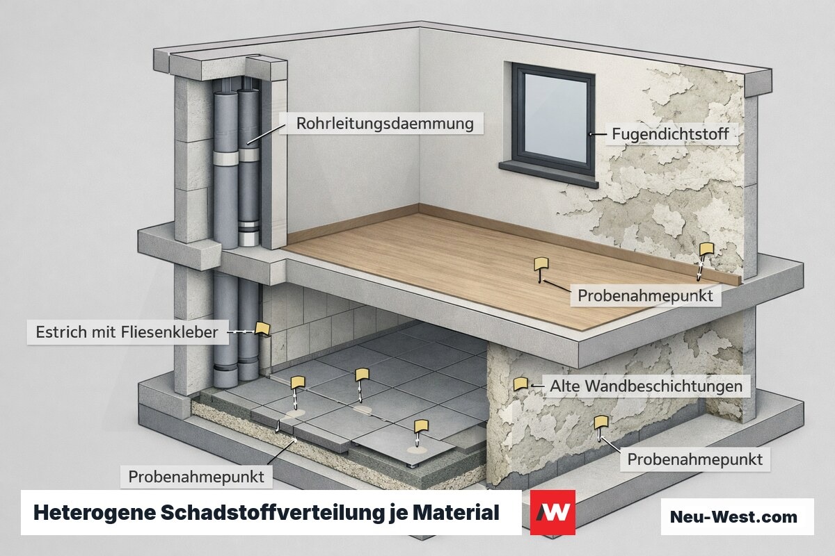 Gebäude-Querschnitt zeigt ungleich verteilte Schadstoffquellen in verschiedenen Materialien mit wenigen Probenahmepunkten je Stockwerk.