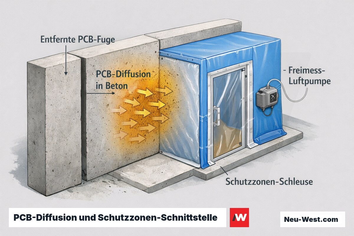 Querschnitt einer Betonwand: entfernte PCB-Fuge, seitliche PCB-Diffusion in den Beton, Schutzzonen-Schleuse und Freimess-Luftpumpe.