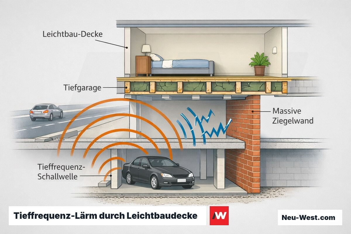 Querschnitt: Wohnung über Tiefgarage, tieffrequente Schallwellen durchdringen die Leichtbaudecke, während massive Ziegelwand besser dämmt.