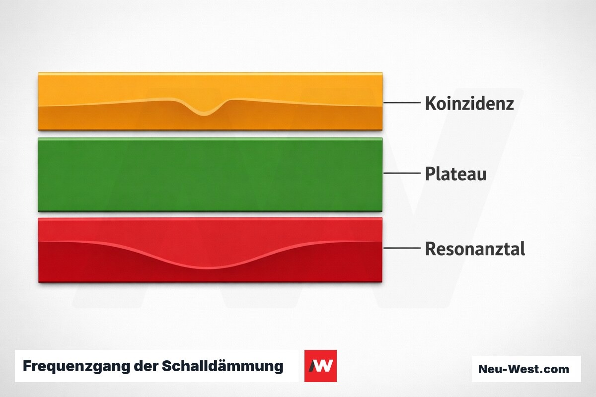 Frequenzgang der Schalldämmung: Resonanztal und Koinzidenzeinbruch – Erklär-Grafik (NEUWEST Berlin)