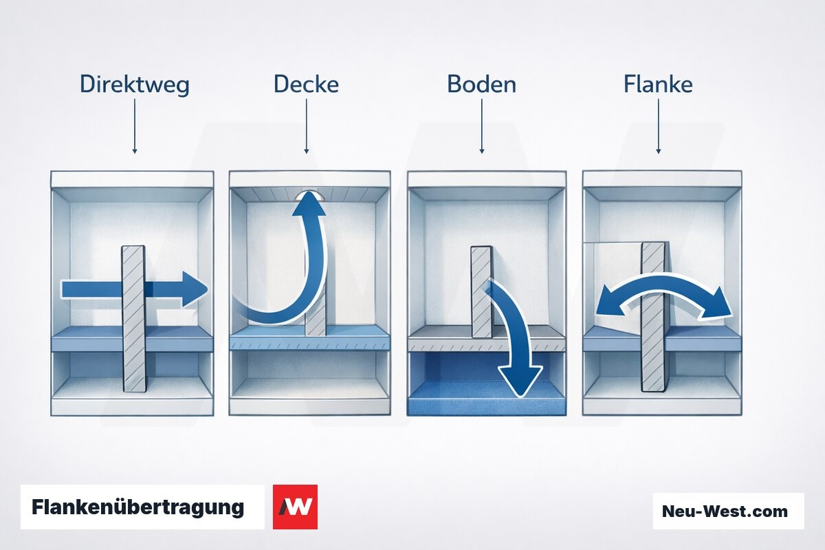 Flankenübertragung: alle Schallwege im Mehrfamilienhaus – Erklär-Grafik (NEUWEST Berlin)