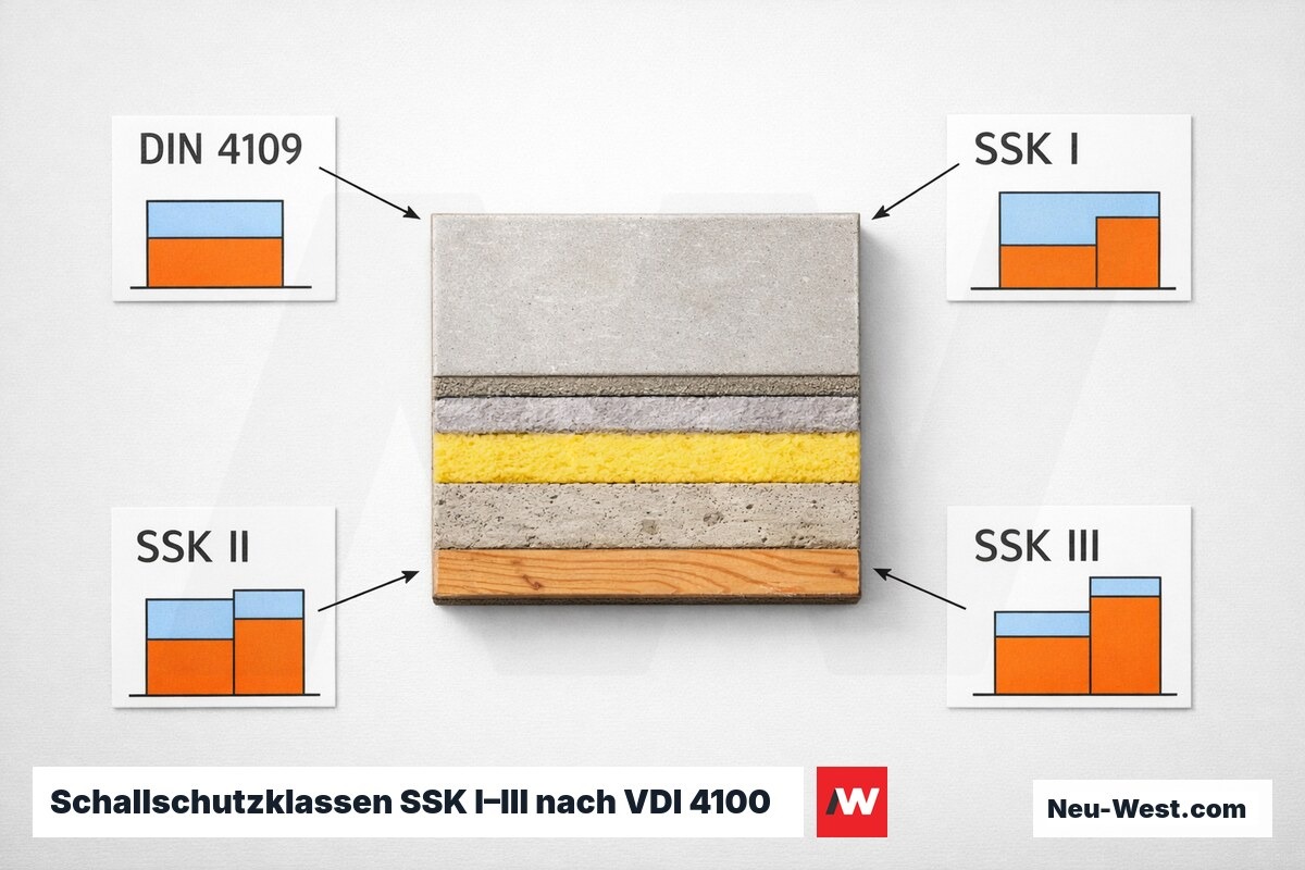 Schallschutzklassen SSK I–III nach VDI 4100 vs. DIN 4109-1 Mindestanforderung – Erklär-Grafik (NEUWEST Berlin)