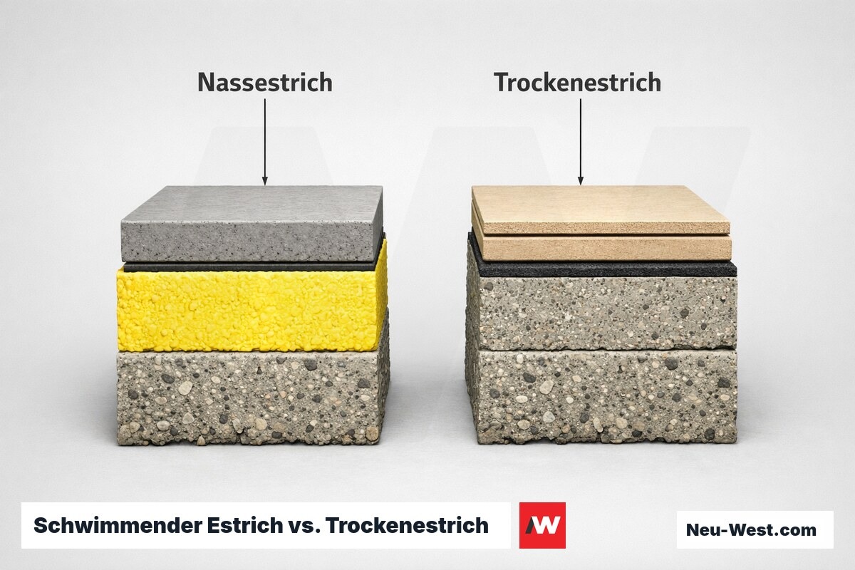 Schwimmender Estrich vs. Trockenestrich: Schichtaufbau und ΔLw im Vergleich – Erklär-Grafik (NEUWEST Berlin)