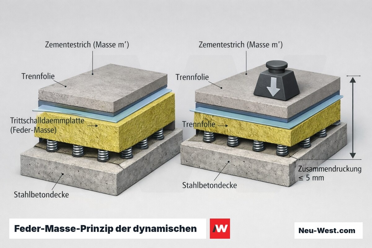 Querschnitt schwimmender Estrich: Dämmplatte als Feder-Masse-System, Vergleich dünn/dicht gegen dick/weich, Estrichmasse und Zusammendrückung.